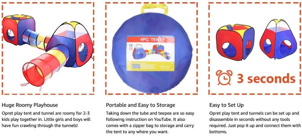 Kids Play Tent and Tunnel Set — Specifications and dimensions